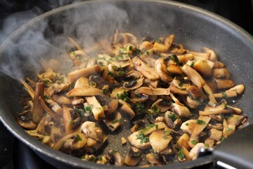 Champignons encore fumant dans une poêle.