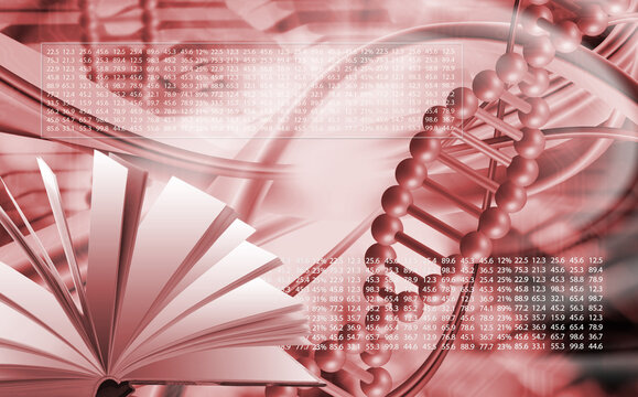 Open book on an abstract green background. Stylized image of a DNA chain. Arrays of numbers on an abstract background.