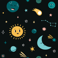 2101.i010.n007.F.c6.1308103507.Cute childish pattern. Seamless baby print with Sun Moon stars clouds and planets. Vector texture for kids t-shirts