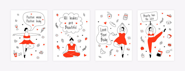 Body positive posters. Female empowerment active lifestyle, fat cartoon characters doing sport exercises and yoga. Vector set