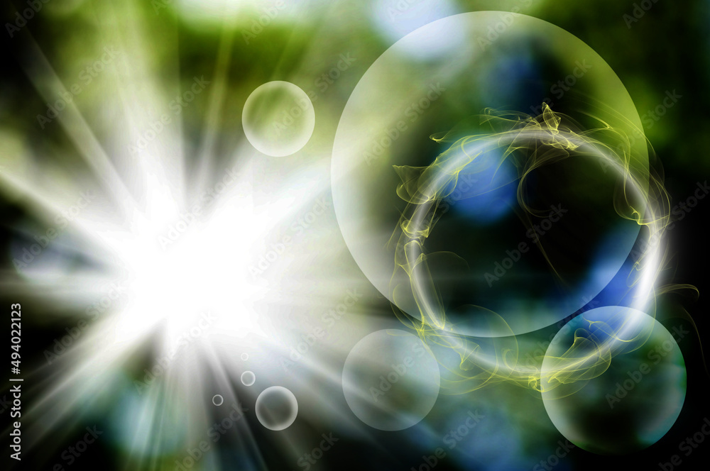 Fototapete abstract image of a bright glow with rays diverging radially and fantastic floating balls on a green