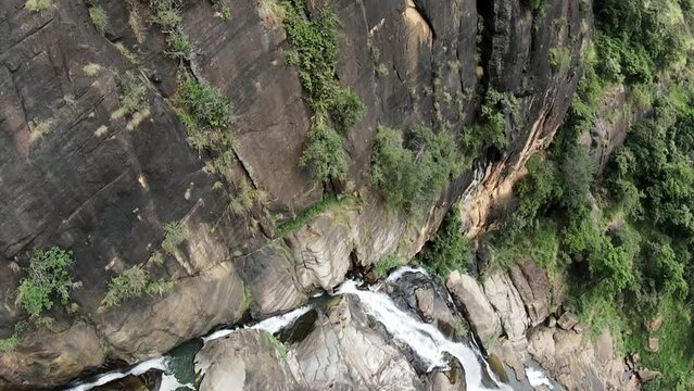 Aerial Drone Over Rocky Cascades Of Ravana Falls Waterfall In Ella Sri Lanka