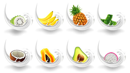 milk splash background with exotic fruits. Banana, pineapple, papaya, avocado, coconut, soursop, aloe vera with milk design	

