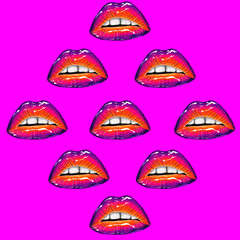 Seamless pattern juicy lips on bright pink background.