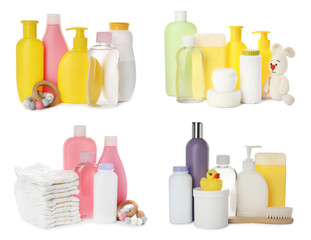 Set of baby powder, other cosmetic products and accessories on white background