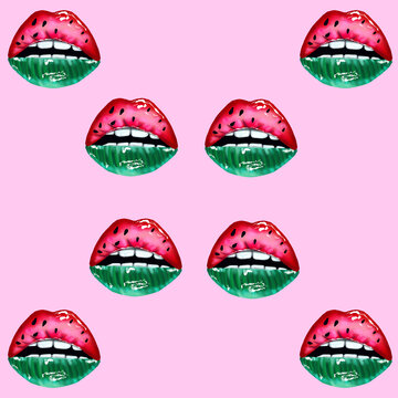 Watermelon Juicy Lips Mouth Print On Pink Background.