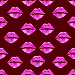 Seamless pattern pink lips on chocolate brown background.