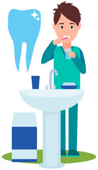 Man brushing teeth. Male character caring for body. Teeth cleaning procedure with toothpaste and toothbrush. Oral hygiene, health care, caries prevention. Guy rinsing mouth with dental care product
