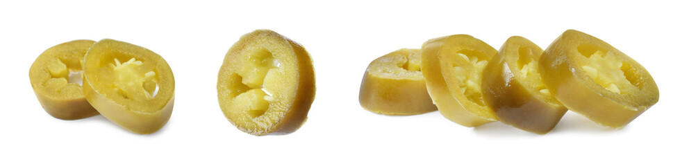 Set with pickled green jalapeno peppers on white background. Banner design