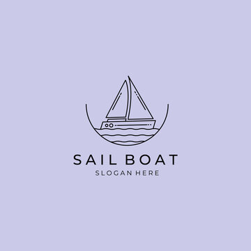 sail boat logo line minimalist vector design with wave logo and emblem