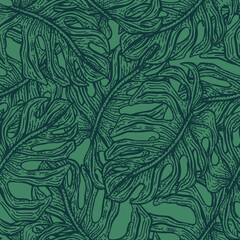 Monstera leaves seamless pattern.Retro tropical branch in engraving style.