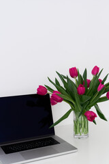 Laptop and bouquet of fresh tulip flowers in a vase on a white table. Freelancer, entrepreneur or blogger work space - 494025583