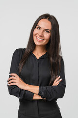 Cropped portrait of caucasian successful confident young businesswoman ceo boss bank employee worker manager with arms crossed in formal wear isolated in white background