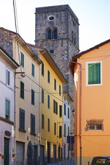 Fototapeta na wymiar Bell tower of the church of San Jacopo in Borgo a Mozzano in Garfagnana, Tuscany, Italy