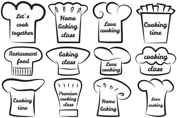 Set of chef logo design with modern concept. Hand writings about kitchen, food and cooking. Hand drawn letterings in simple style, ink or pen outlines of chef s hat. Baking, cooking, culinary concept