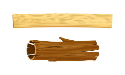 Woodworking industry materials set. Tree bark and board cartoon vector illustration