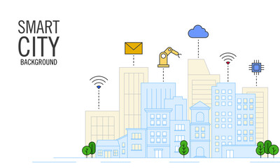 Flat vector illustration of city scape and technology icon. Suitable for design element of smart city, digital technology, and automation in future city background.