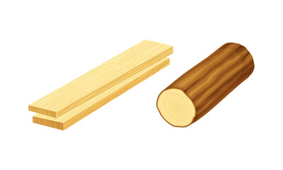 Woodworking industry materials set. Logs and planks cartoon vector illustration