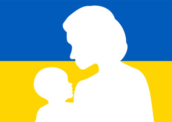 Matka trzymająca dziecko wycięta we fladze Ukrainy. Kobieta przytulająca noworodka. Chrońmy dzieci przed wojną. Modlitwa o pokój w Ukrainie. - obrazy, fototapety, plakaty