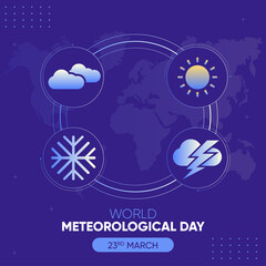World Meteorological Day. March 23. Holiday concept. sun, cloud, thunder storm and snow Template for background, banner, card, poster with map illustration
