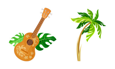 Tropical resort objects set. Acoustic guitar and palm tree cartoon vector illustration
