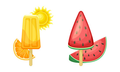 Fruit popsicles set. Tropical resort objects set cartoon vector illustration