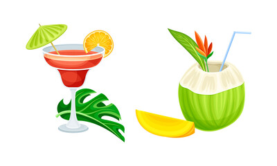 Freshness drinks set. Exotic tropical cocktail cartoon vector illustration