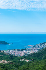 View from the top on the Budva city. Budva Riviera on the Adriatic Sea in Montenegro.