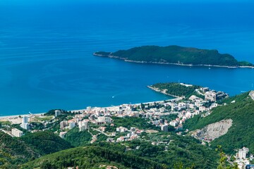 View from the top on the Becici city. Budva Riviera on the Adriatic Sea in Montenegro
