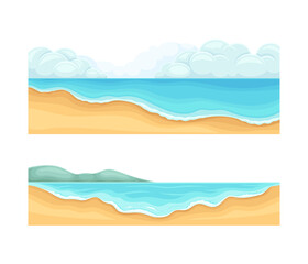 Obraz premium Tropical beach landscape set. Sandy shore, blue water and sky cartoon vector illustration