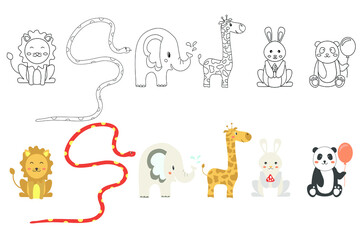 Cute outline wild animals. Cartoon clipart for kids coloring book, t-shirt print, icon, sticker. Vector illustration.