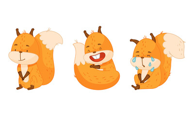 Cute red squirrel in different actions set. Funny emotional little forest animal cartoon vector illustration