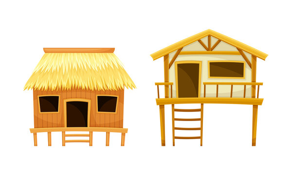Beach huts or bungalows. Tropical island resort objects cartoon vector illustration
