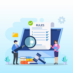 Business people studying list of rules, reading guidance, making checklist Vector illustration. 