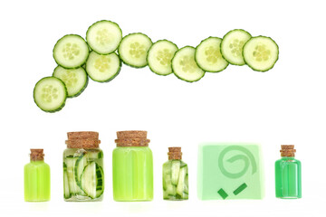Cucumber skincare and body care treatment with cleansing and plant based moisturizing products. Used also as after sun to cool sunburn and bathe tired eyes. On white background.