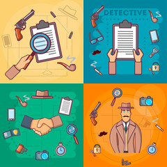 Colorful detective icons 4-banners set. Private detective agency design elements in retro style.