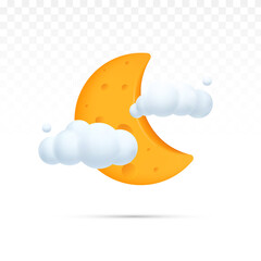 3d cute yellow cresent moon and cloud cartoon render style Free Vector