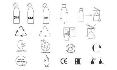 Cosmetic package icons set for recycle plastic product. Vector stock illustration isolated on white background. Editable stroke.