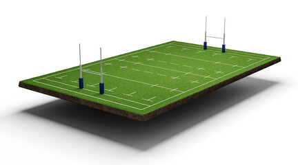 3D illustration of American football field ground cross section with green rugby stadium grass field