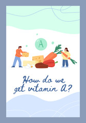 Vitamin A food sources informational poster with abstract characters, flat vector illustration.
