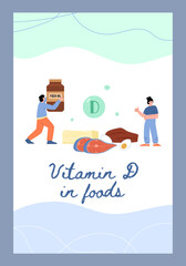 Vitamin D enriched foods - fish oil, eggs, meat and butter - informational poster, flat vector illustration.