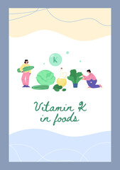 Vitamin K in foods infographic poster with people holding vegetables, flat vector illustration.