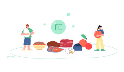 People with food with Ferrum or Iron elements flat vector illustration isolated.