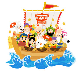 宝船に乗った七福神とうさぎ