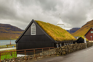 View of the Kollafjordur Church, Kirkja on Streymoy island, Faroe Islands.
