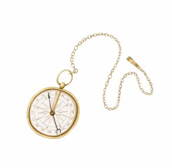 Hand-drawn gold vintage compass on a chain. White background. Stock illustration. © marina draws