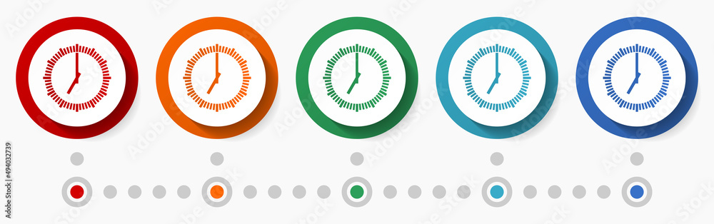 Poster time, clock, watch concept vector icon set, flat design colorful buttons, infographic template in 5 