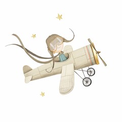 Cute hand-drawn airplane pilot flying in the sky. Cartoon style. White background. Stock illustration.
