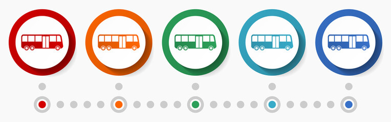 Bus, travel concept vector icon set, flat design colorful buttons, infographic template in 5 color options
