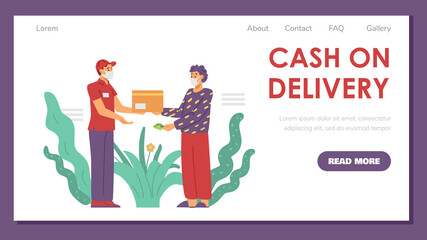 Obraz na płótnie Canvas Cash on delivery banner with delivery man handing parcel, vector illustration.